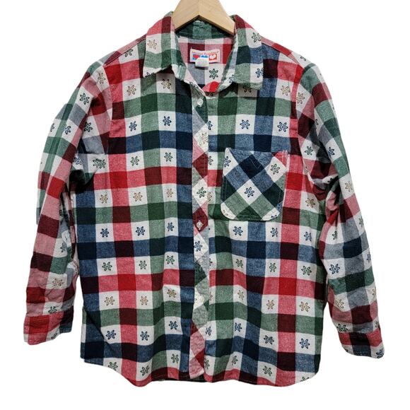 American Sweetheart Womens Plaid Floral Button Front Flannel Top Size Large - Picture 9 of 9